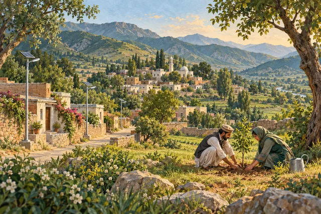 An illustrative vision of neighbours caring for a green village