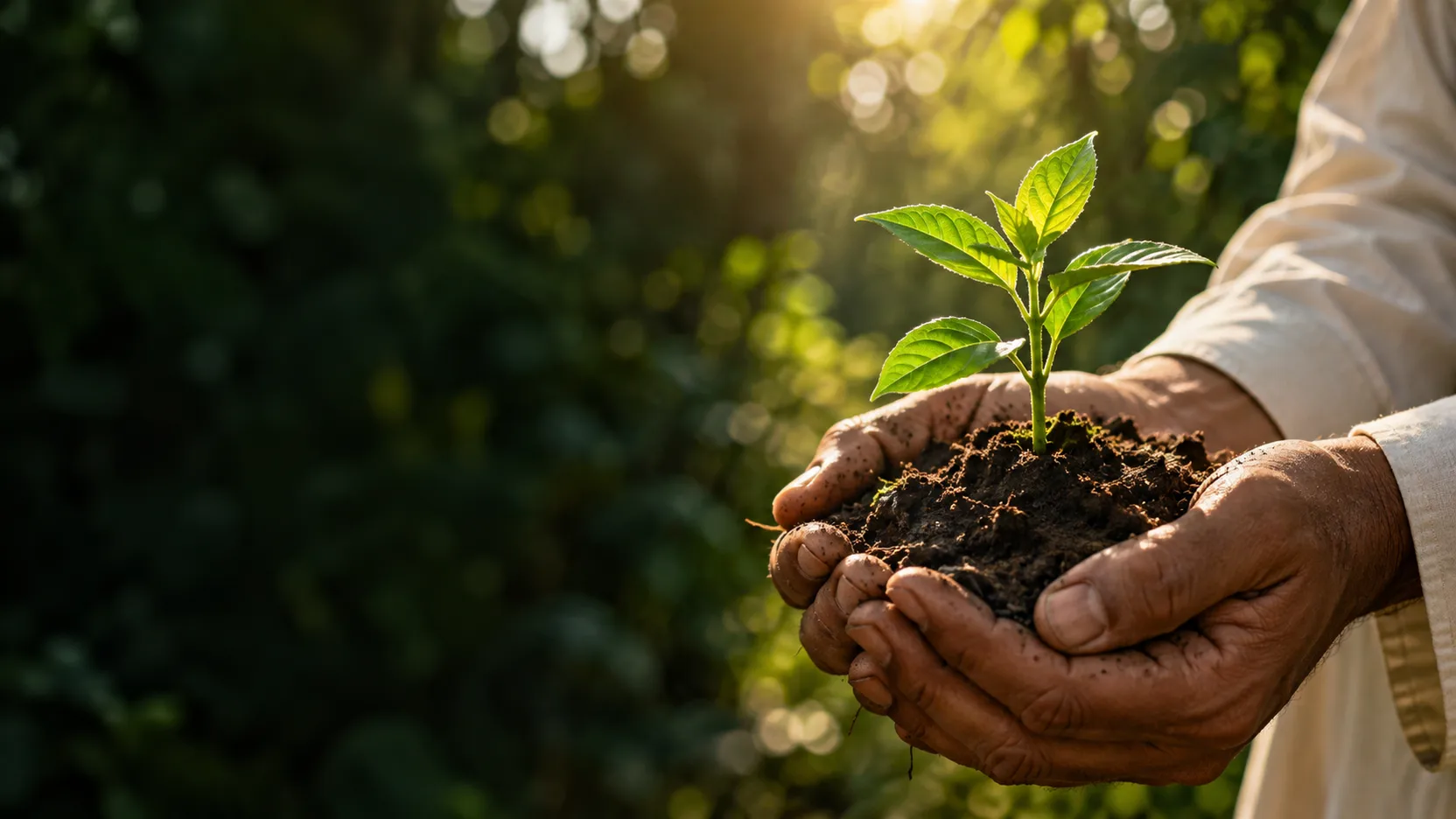 Symbolic image of hands nurturing a seedling in rich earth