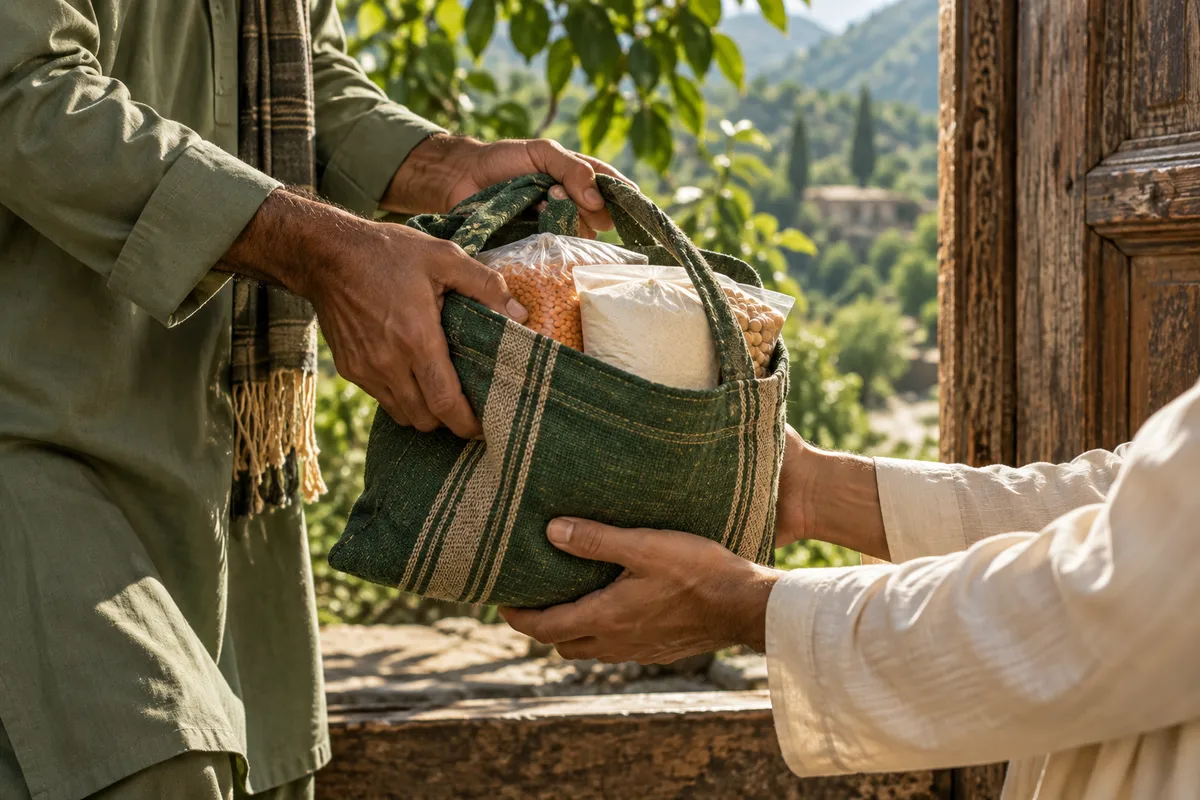 Symbolic image of neighbours sharing a bag of groceries with care