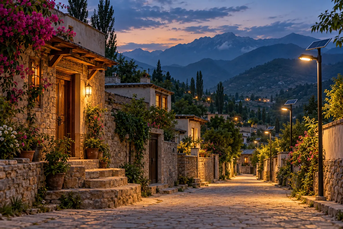 Illustrative vision of a village lane with solar streetlights at dusk